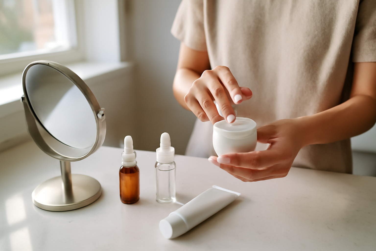 Routine visage sur une table de salle de bain : sérum, crème et écran SPF