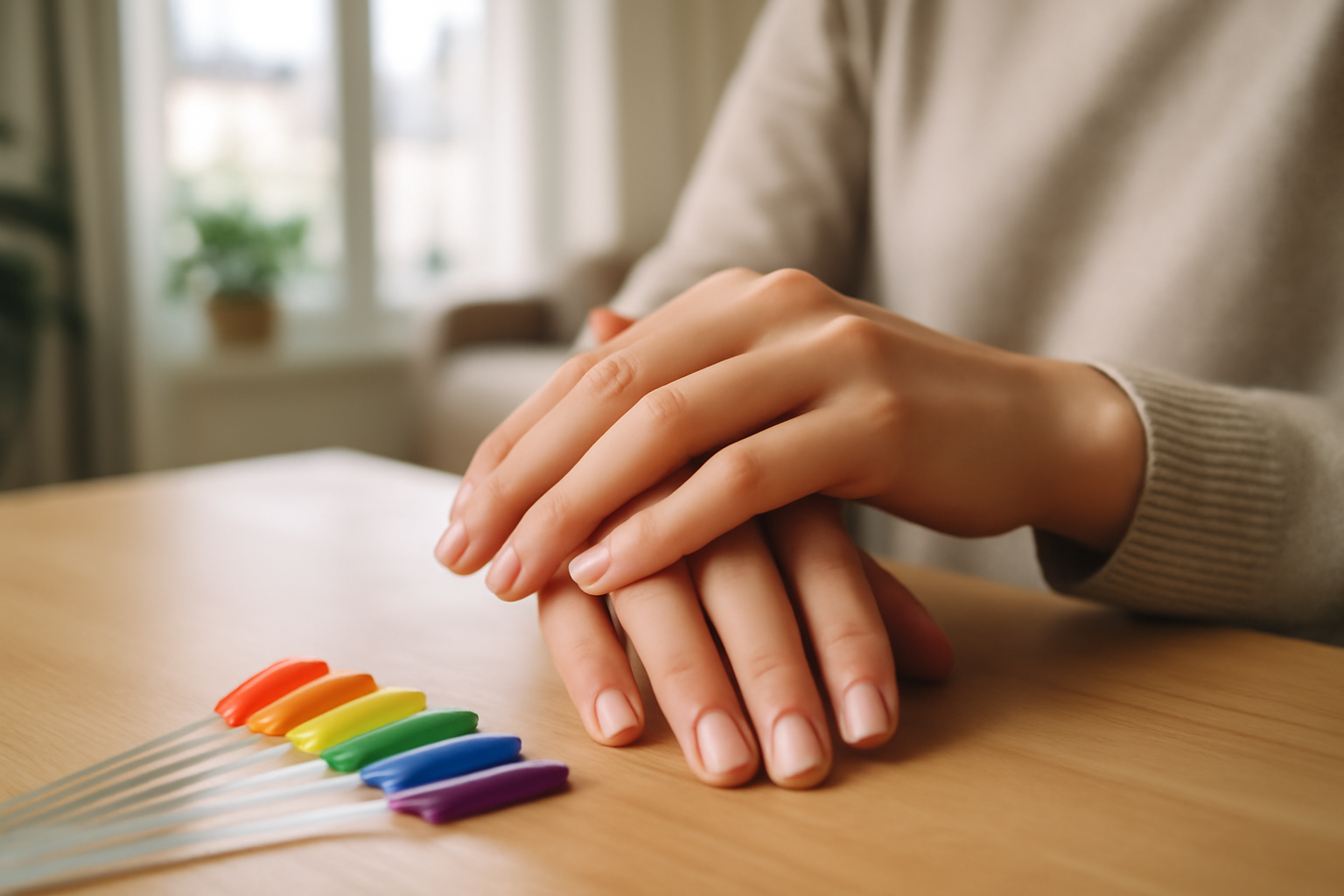 arc en ciel ongle : manucure dégradée sur ongles naturels, lumière naturelle