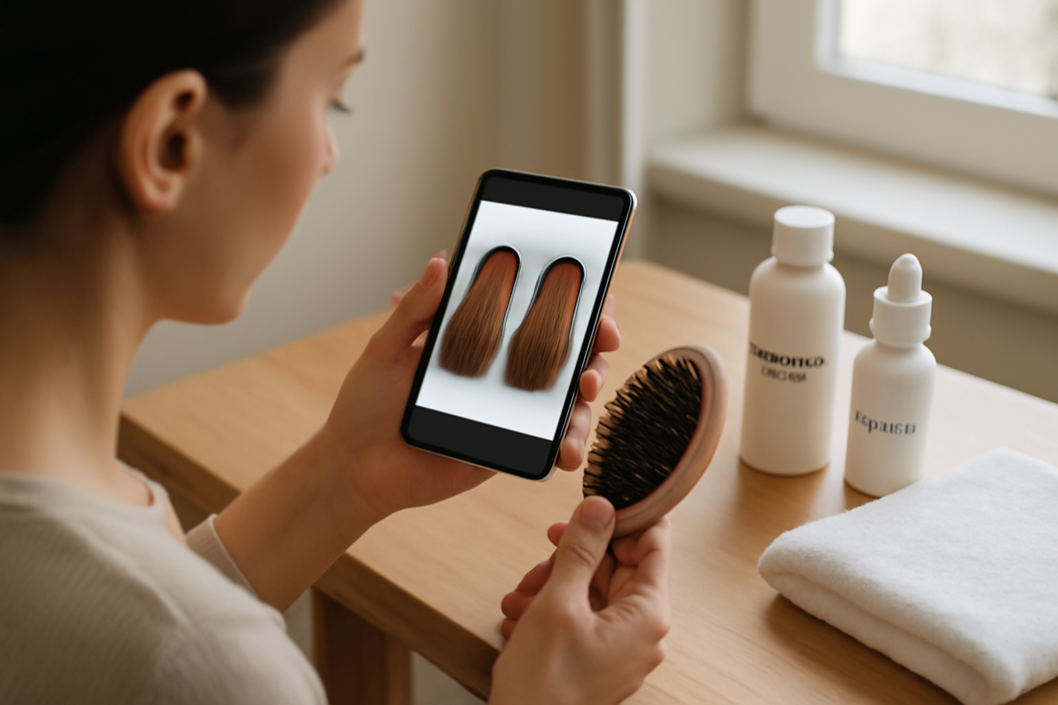bepanthene biotine avant après sur une table de salle de bain, flacons et brosse, lumière naturelle