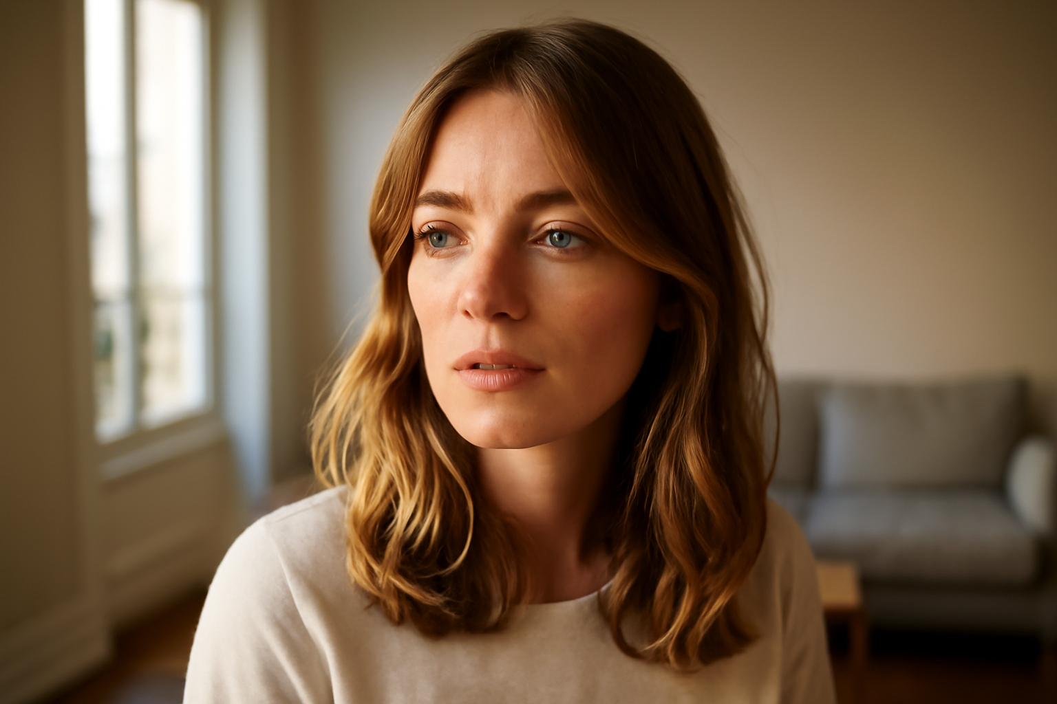 Blond miel sur cheveux mi-longs, reflets dorés en lumière naturelle