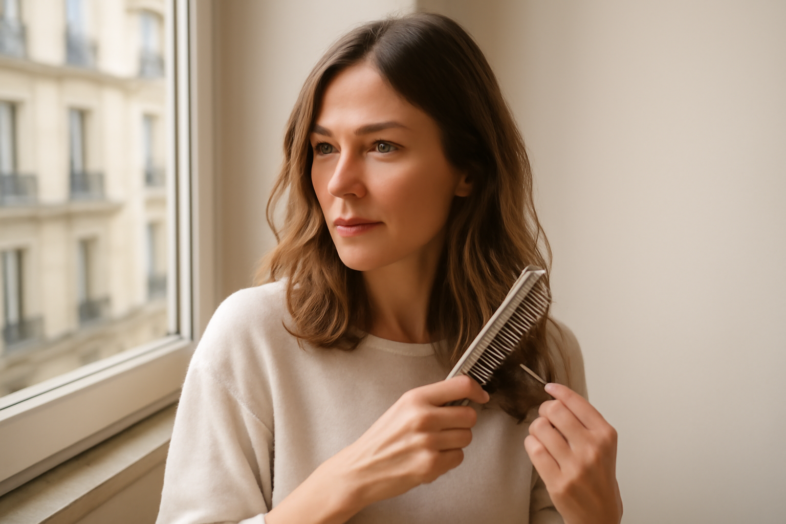Bronde cheveux : reflets caramel et beige sur cheveux bruns éclaircis, lumière naturelle