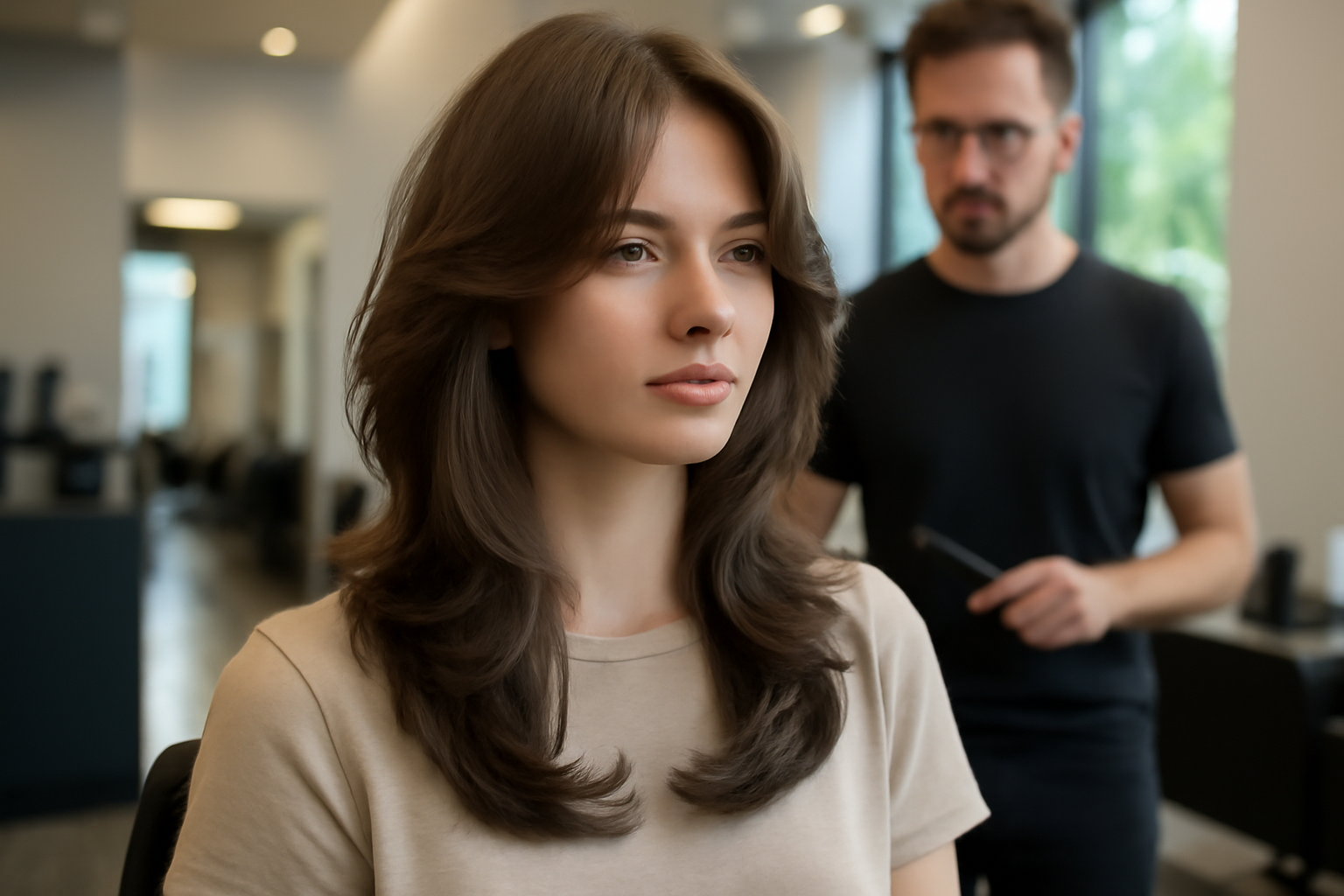 Butterfly haircut femme en cascade, cheveux ondulés, lumière naturelle, salon de coiffure