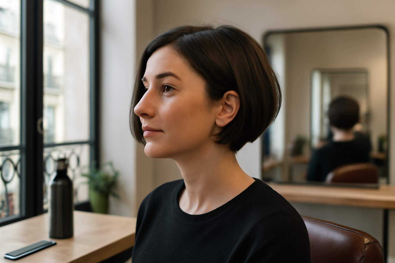 Carré plongeant court sur cheveux bruns, coiffage naturel en lumière du jour