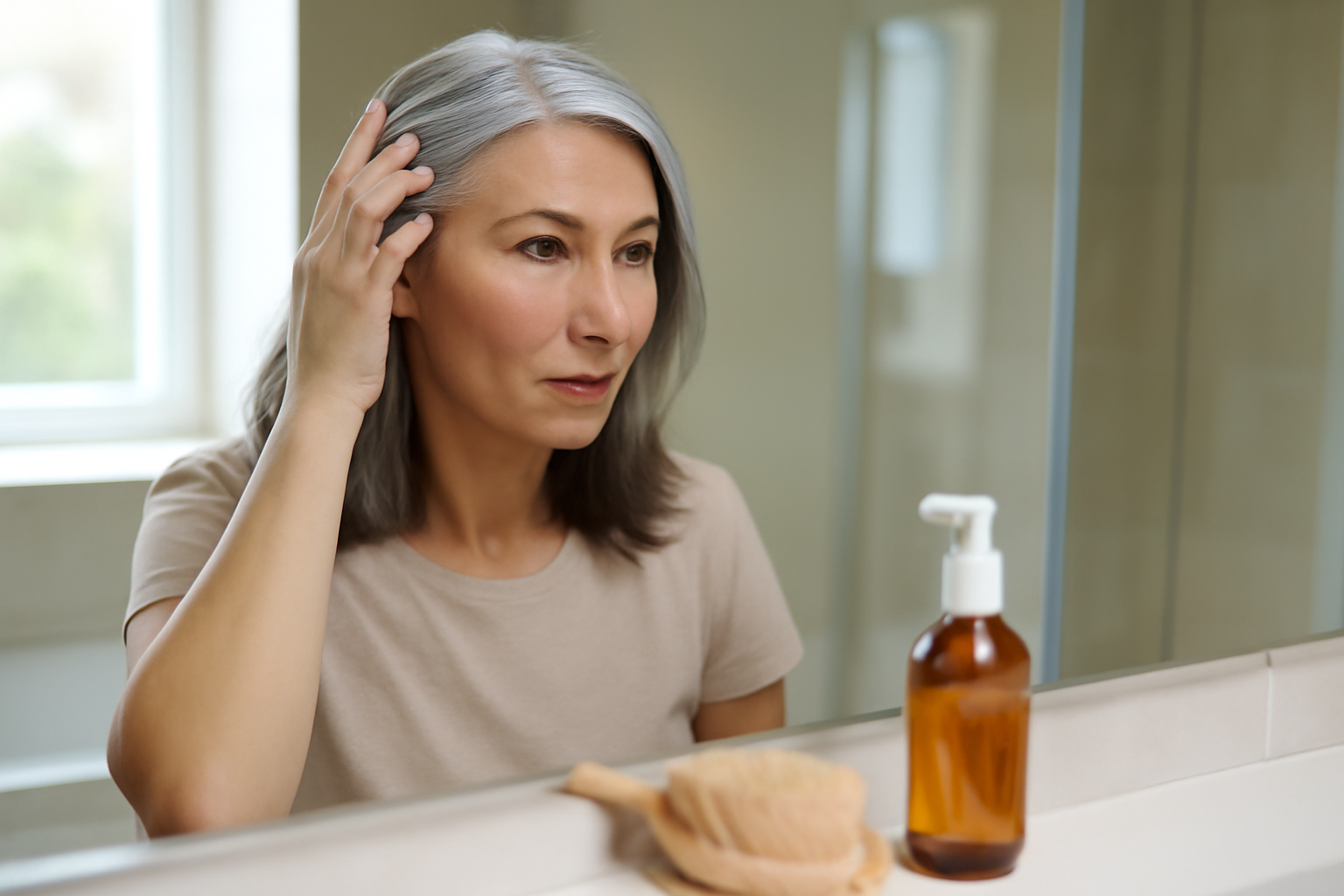 Cheveux blancs femme : femme au miroir, brosse et produits capillaires, lumière naturelle