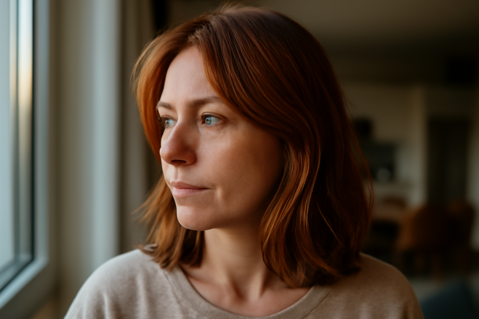 Cheveux brun cuivré : reflets cuivre sur base brune, lumière naturelle