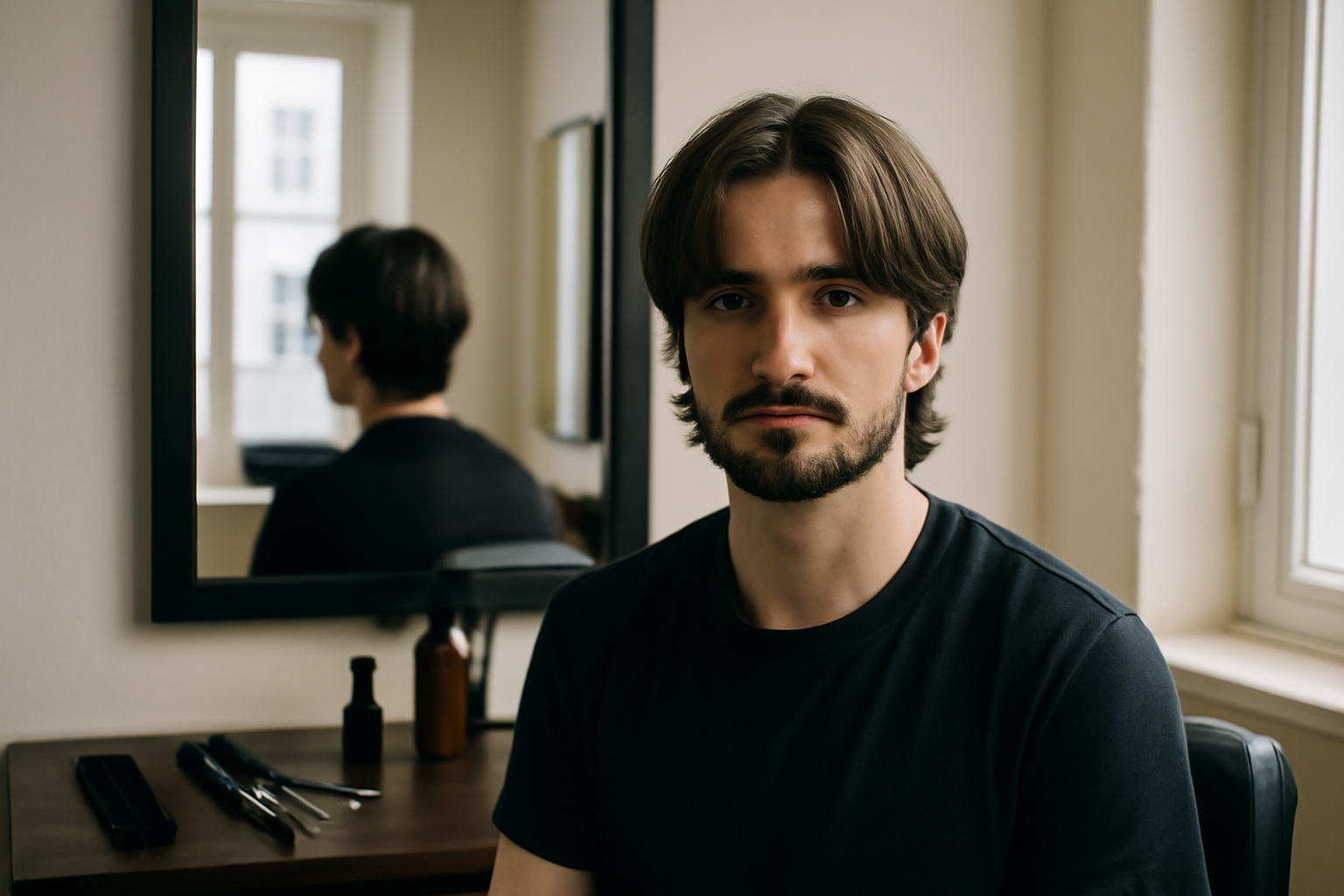 Cheveux homme mi long : coupe dégradée avec frange rideau sur homme en lumière naturelle