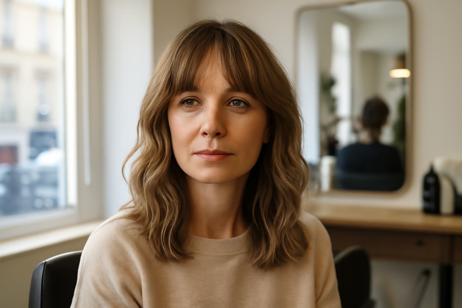 cheveux mi long avec frange : coupe dégradée et frange rideau sur cheveux ondulés