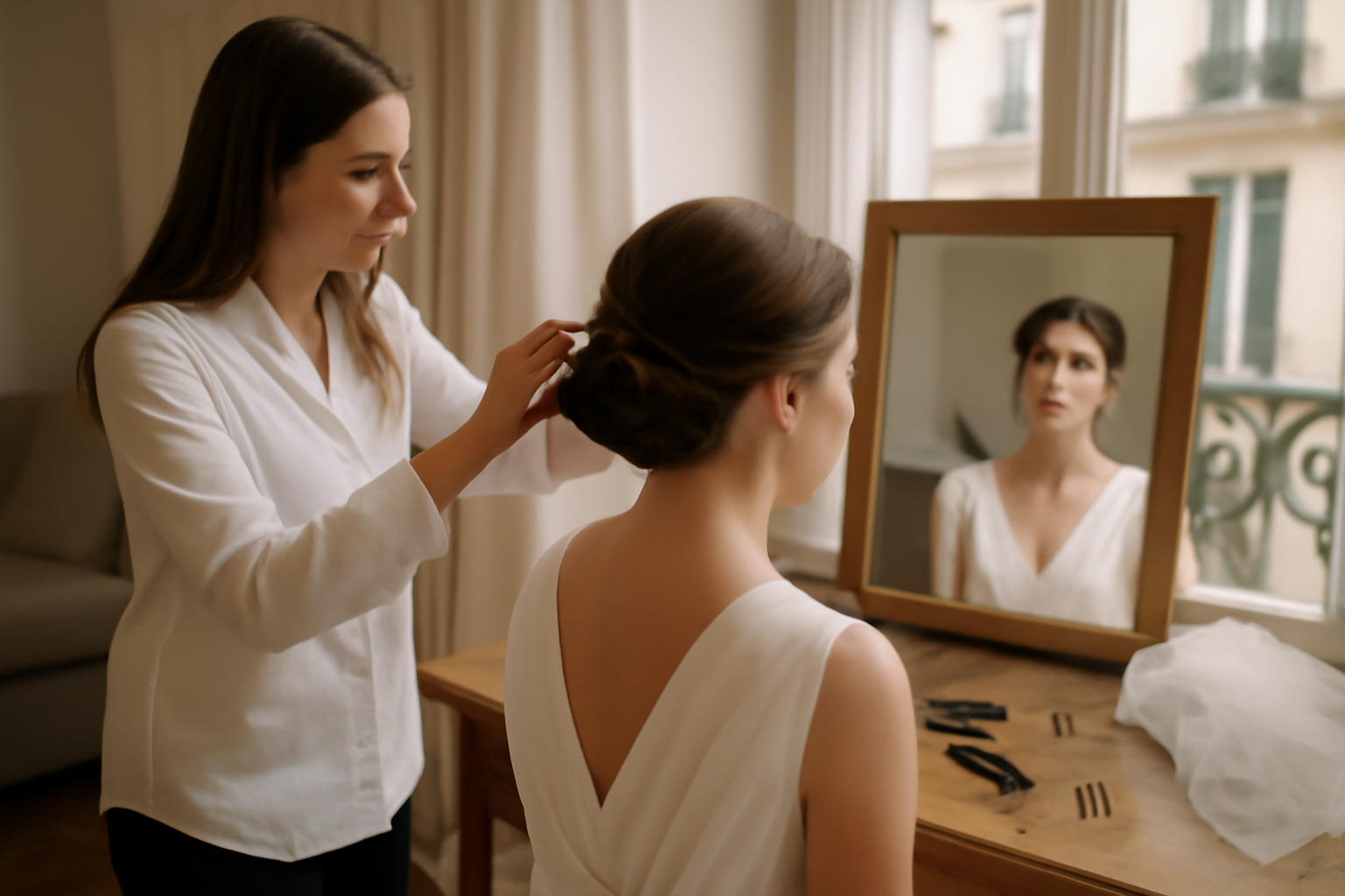 Chignon pour mariage : chignon élégant avec accessoires perles, lumière naturelle