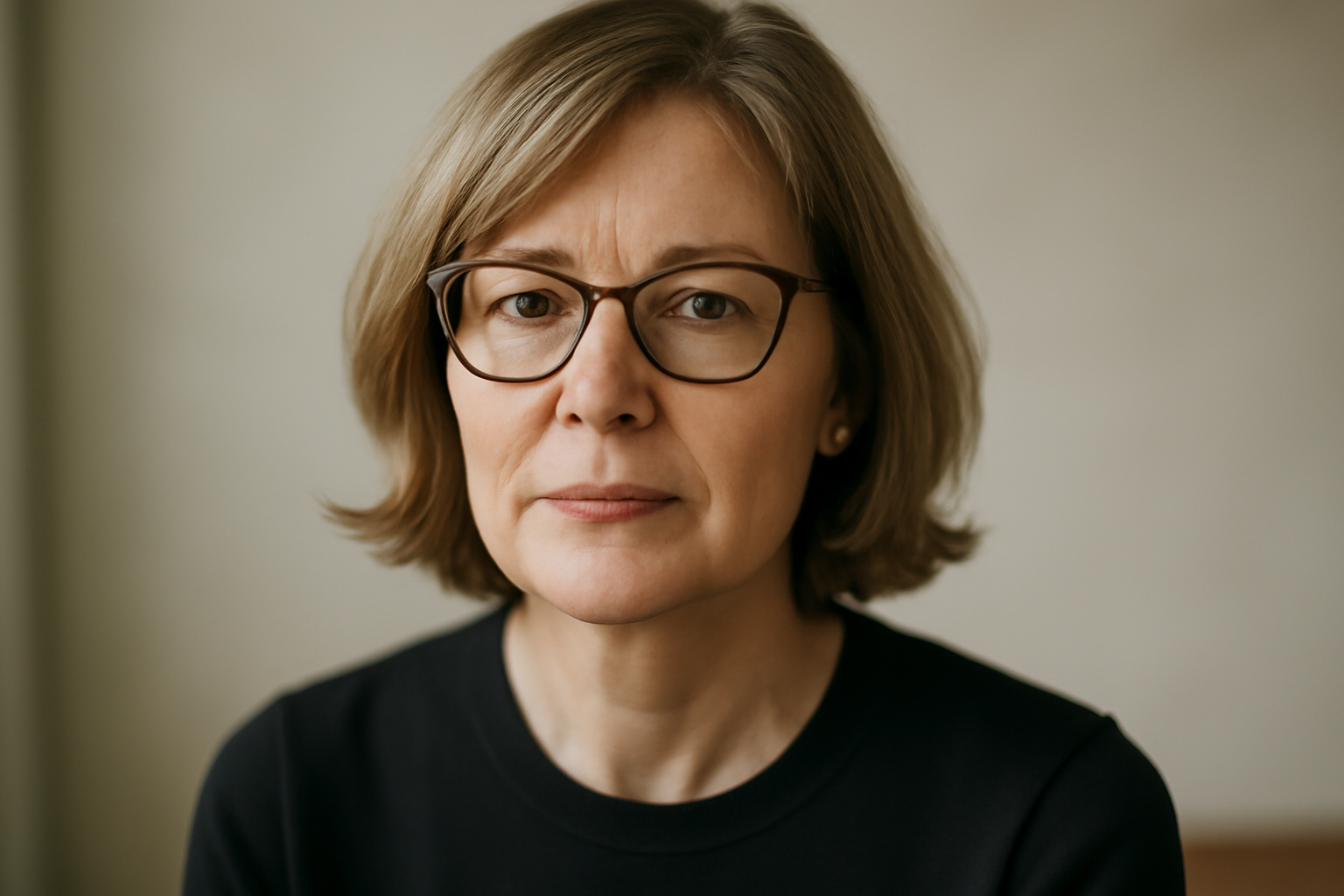 coiffure 50 ans avec lunettes : carré flou et raie sur le côté, lumière naturelle