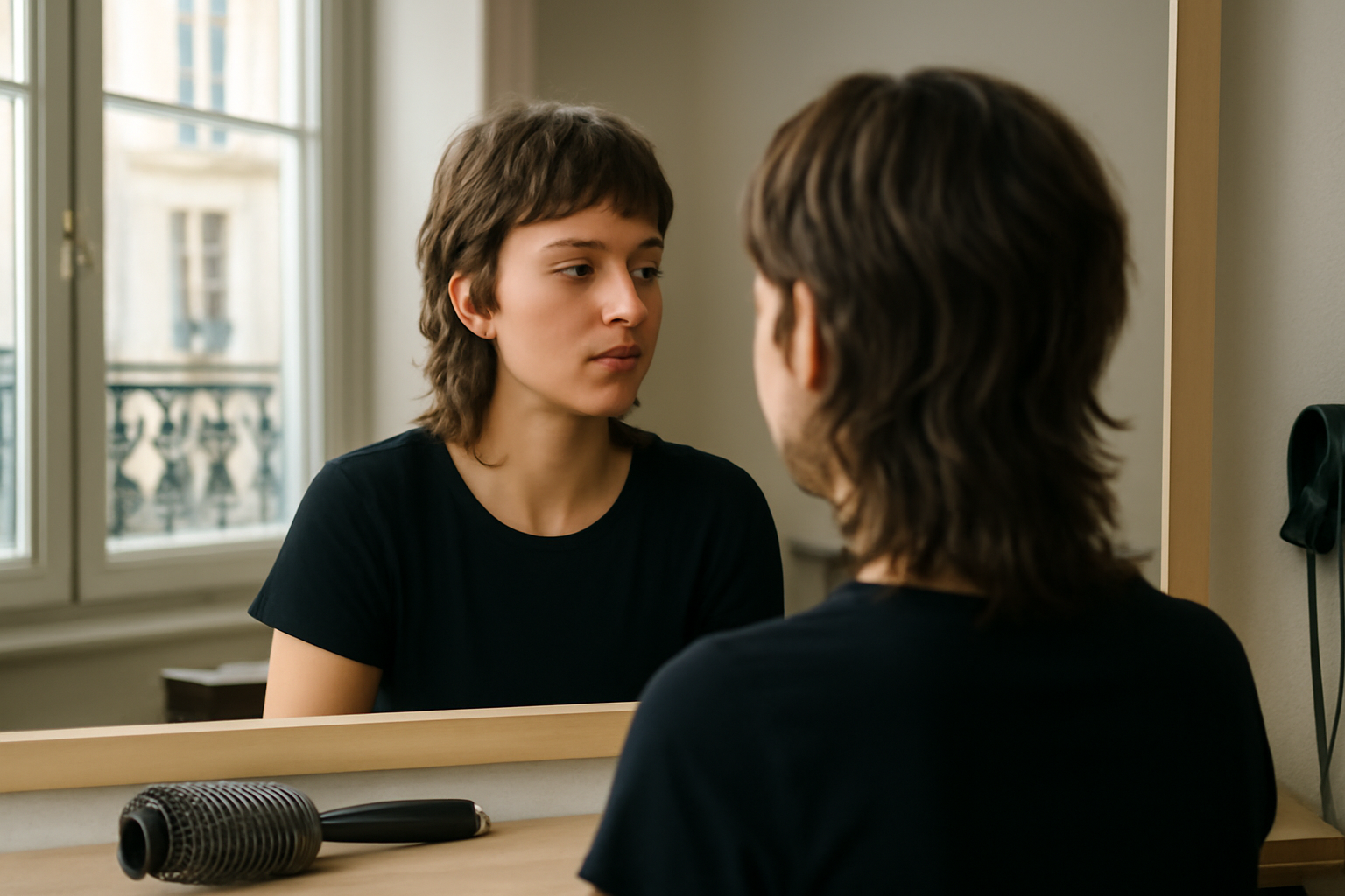 Coiffure mulet moderne femme, dégradé avant court et nuque longue, lumière naturelle