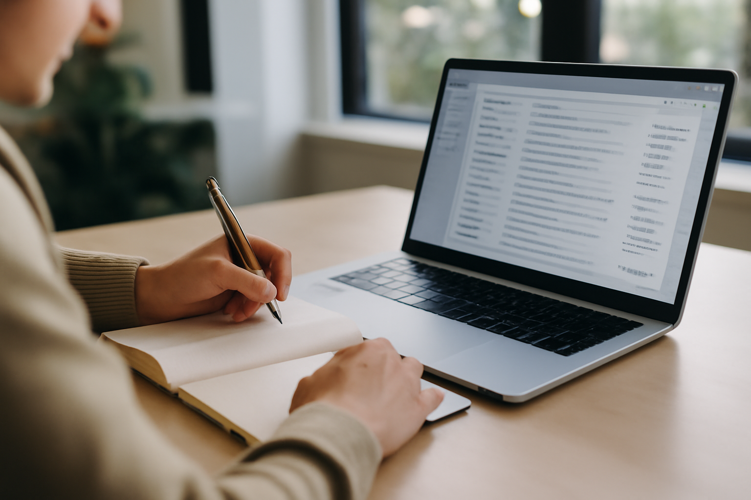 Personne prenant des notes sur un carnet près d’un ordinateur portable, ambiance bureau calme et lumineuse, contact email et communication professionnelle
