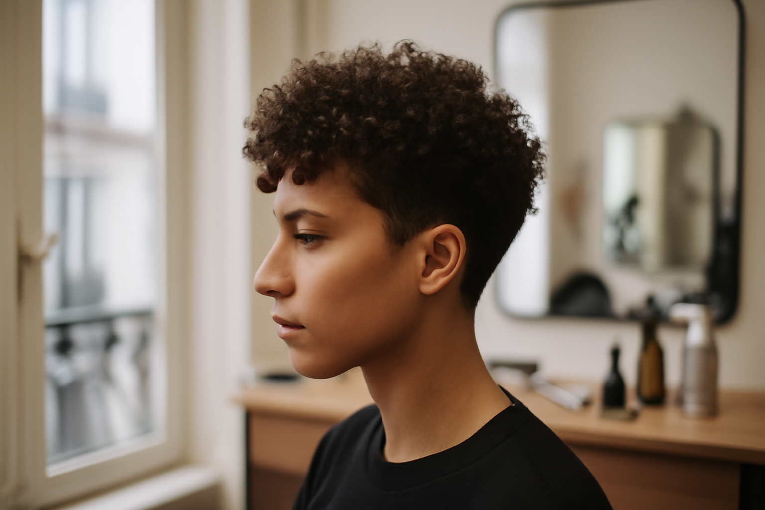 coupe courte frisée sur cheveux bouclés en lumière naturelle, salon de coiffure