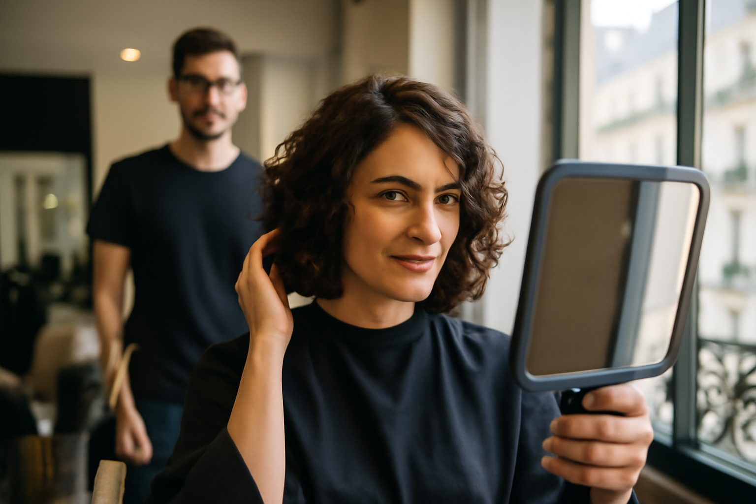 Coupe mi long femme tendance : dégradé doux et brushing naturel, lumière de salon de coiffure