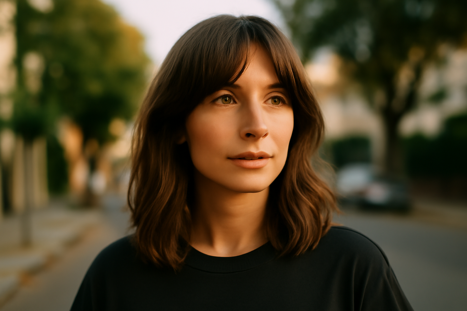 Coupe mi long femme : frange rideau et dégradé doux, coiffage naturel en lumière du jour