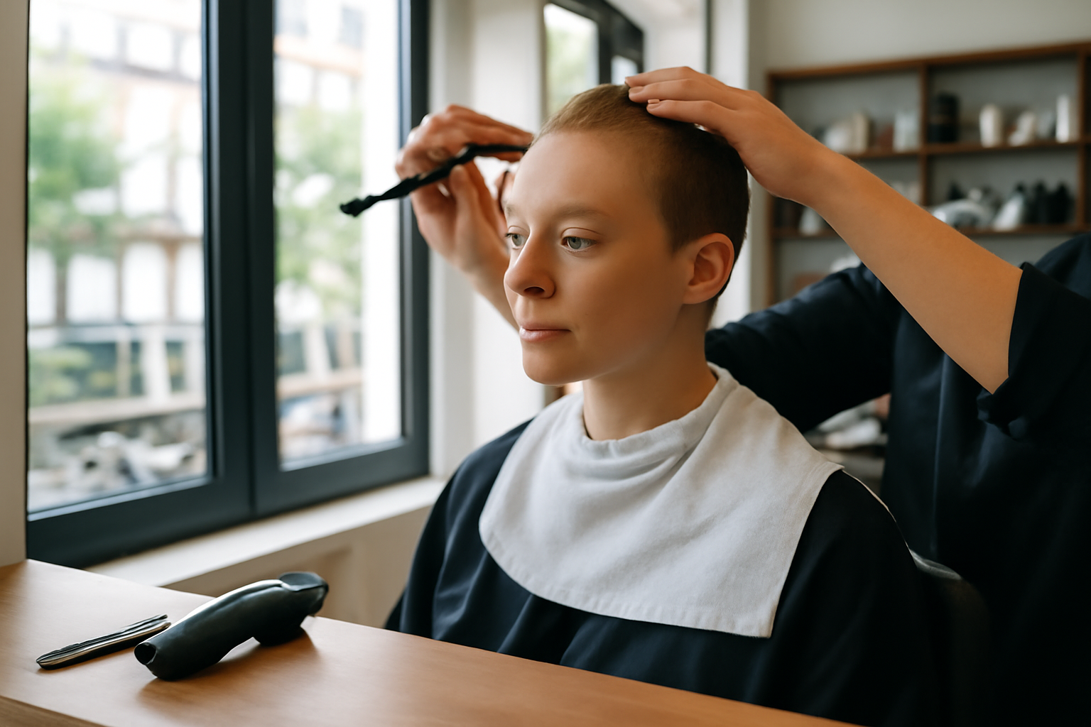 Coupe tres courte femme, nuque rasée et coiffage au quotidien, lumière naturelle