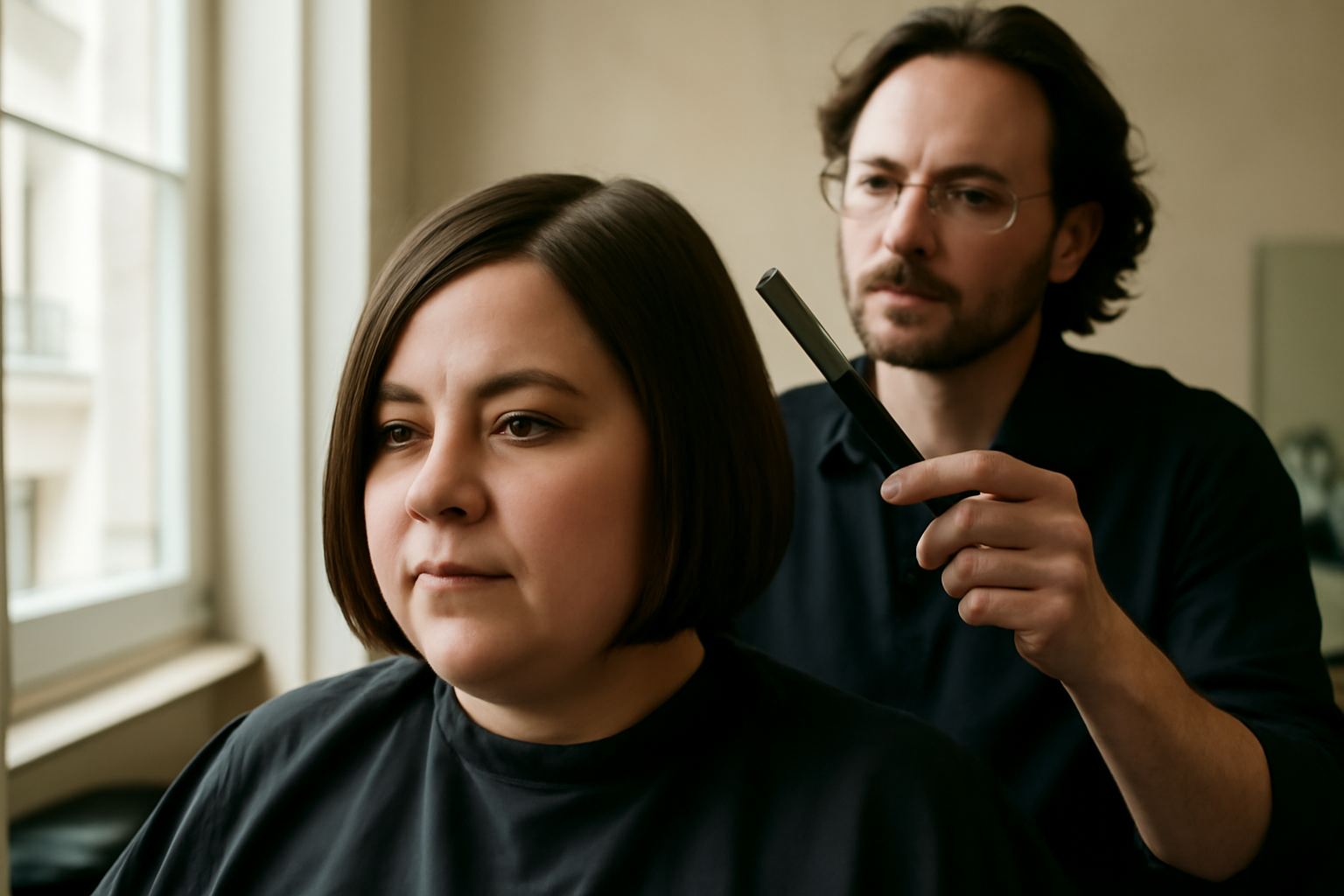 coupe visage ronde sur cheveux mi-longs dégradés, photo réaliste en salon de coiffure