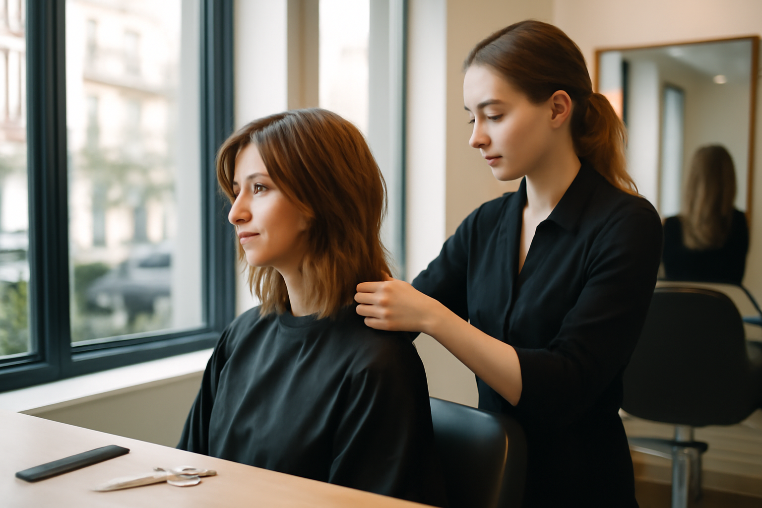 Degrade mi long femme coiffure tendance en salon, lumière naturelle, coupe mi-longue dégradée