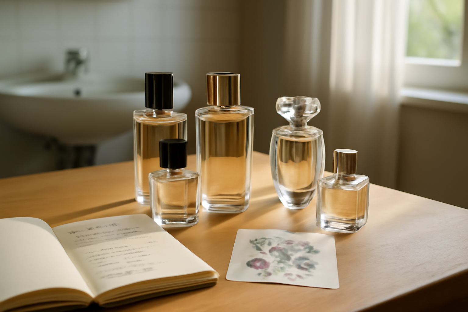 dupe parfum adopt sur table de parfumerie, flacons et cartes notes
