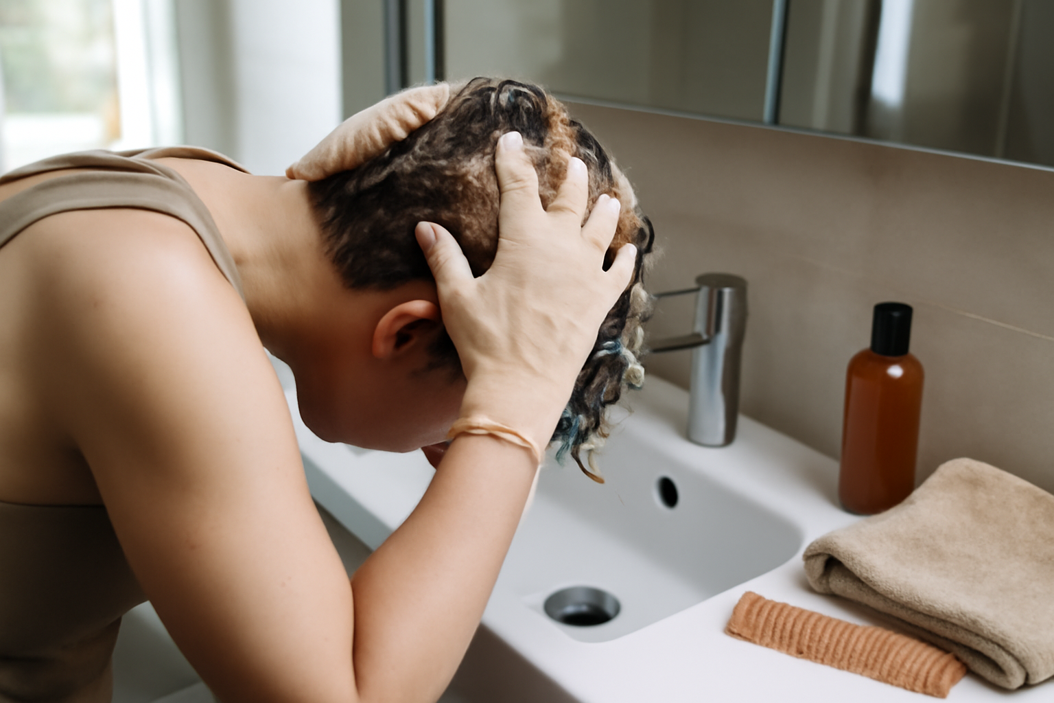 Lavage de cheveux : routine au lavabo avec shampooing, brosse douce et serviette