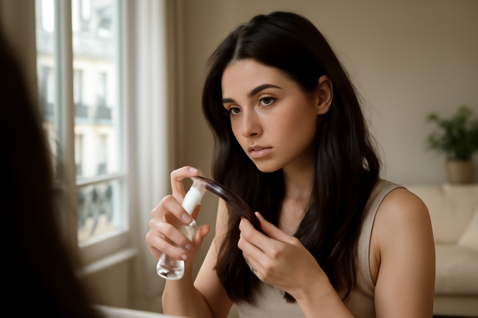gloss cheveux brillance sur cheveux châtain lumière naturelle