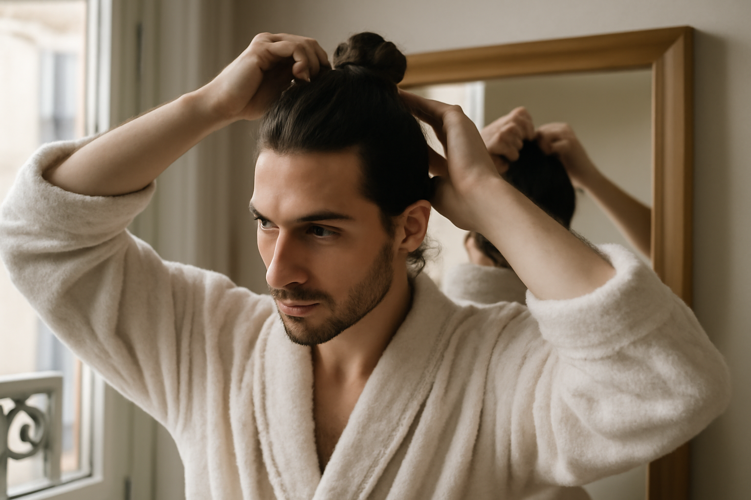 man bun homme chignon masculin coiffure cheveux longs lumière naturelle