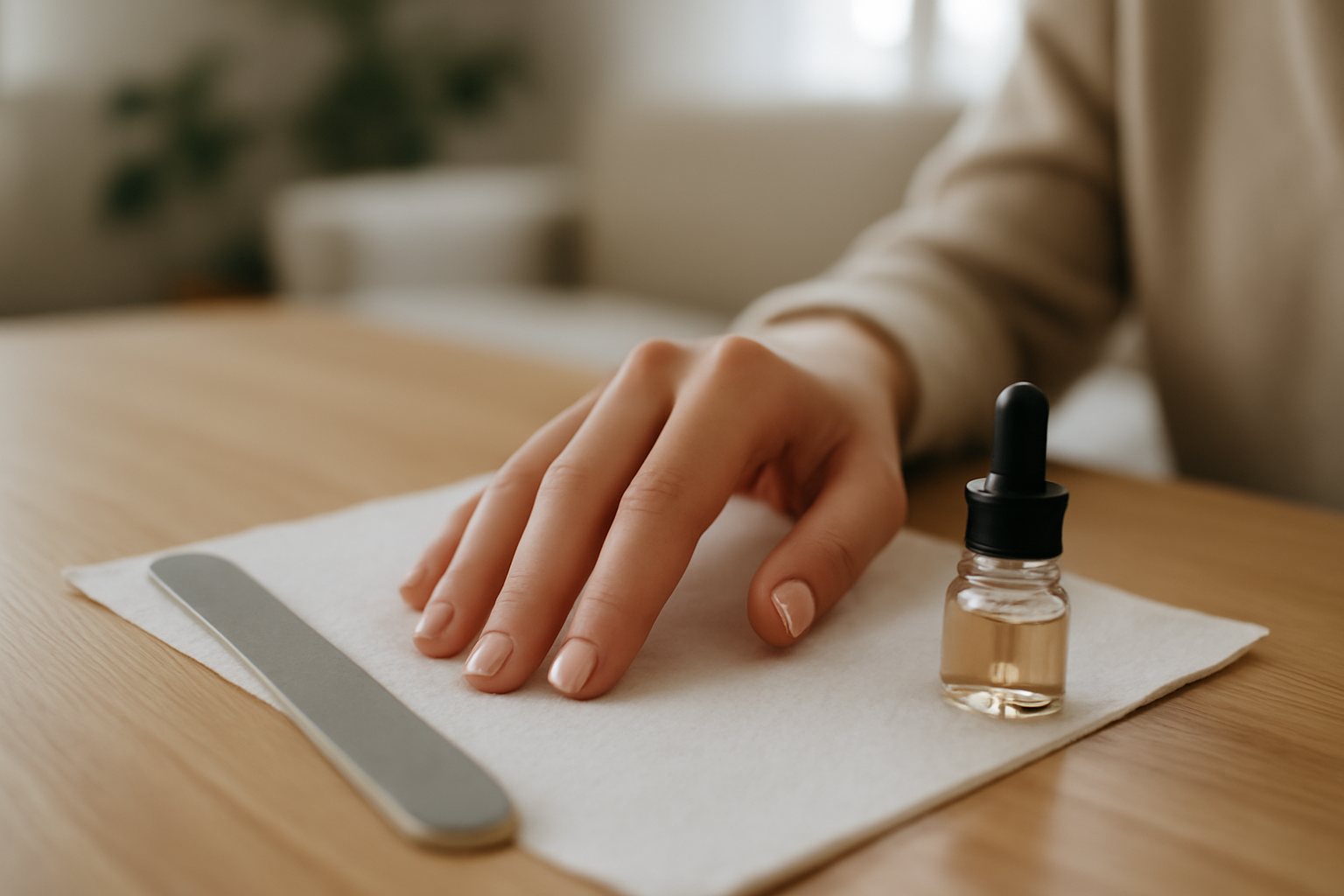 manucure nude sur peau claire avec vernis beige rosé et cuticules soignées, lumière naturelle