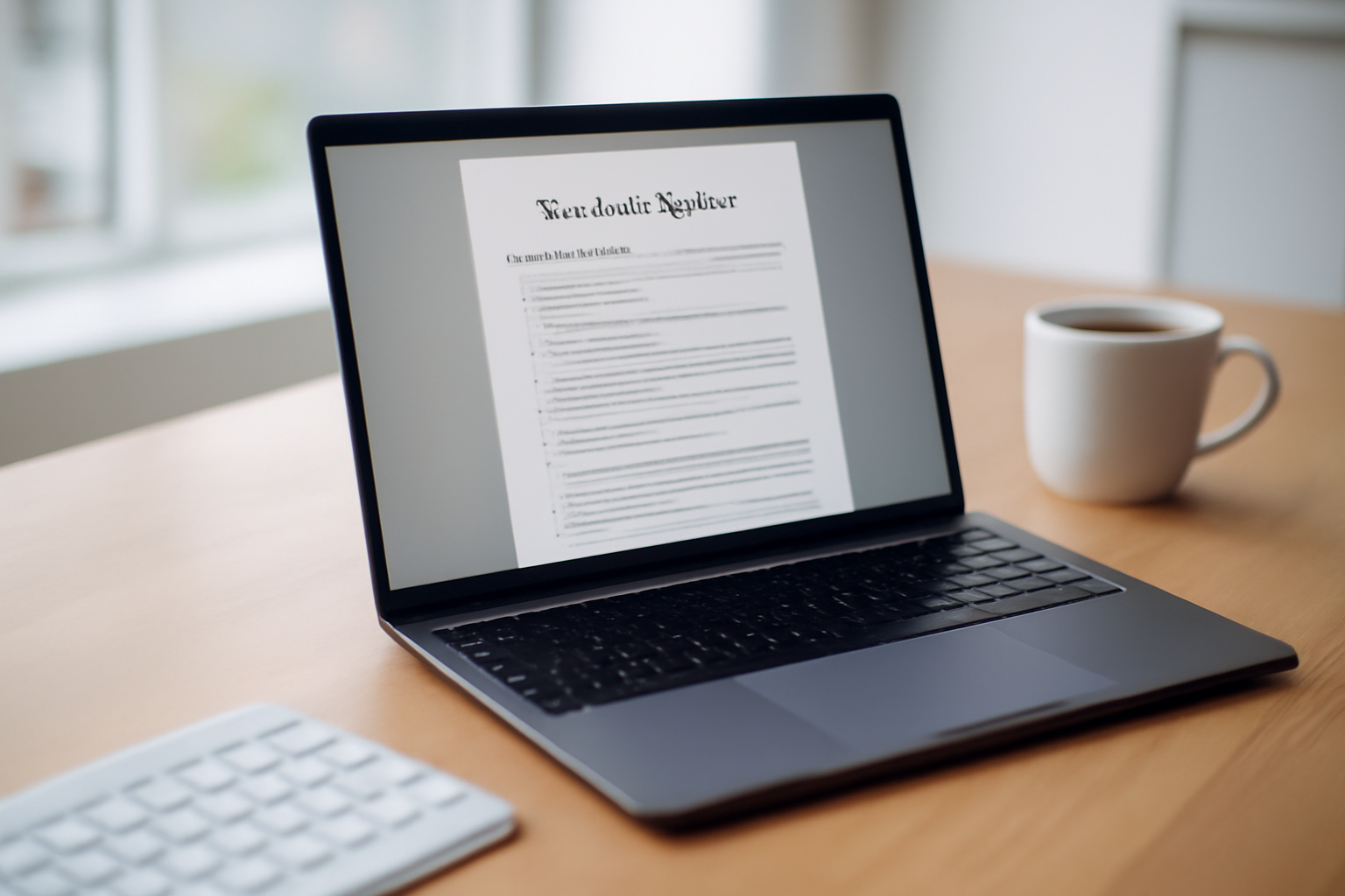 Vue photoréaliste d’un ordinateur portable affichant un document de mentions légales sur un bureau moderne