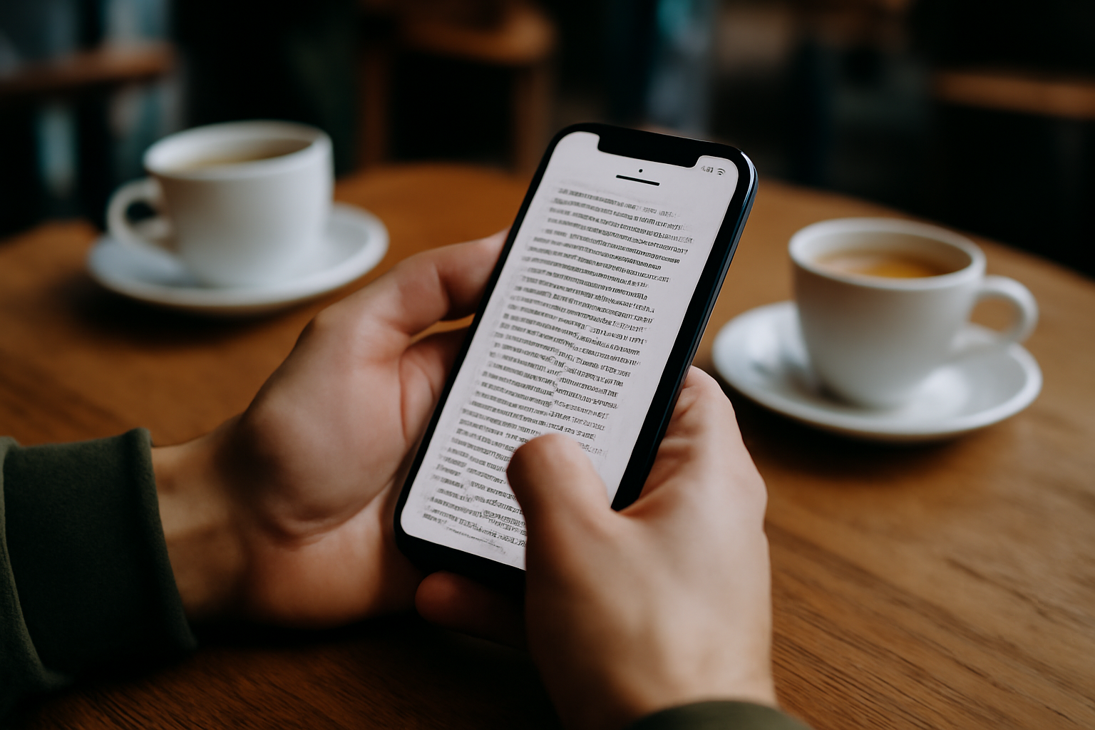 Personne consultant des informations légales sur son téléphone dans un café, photo réaliste