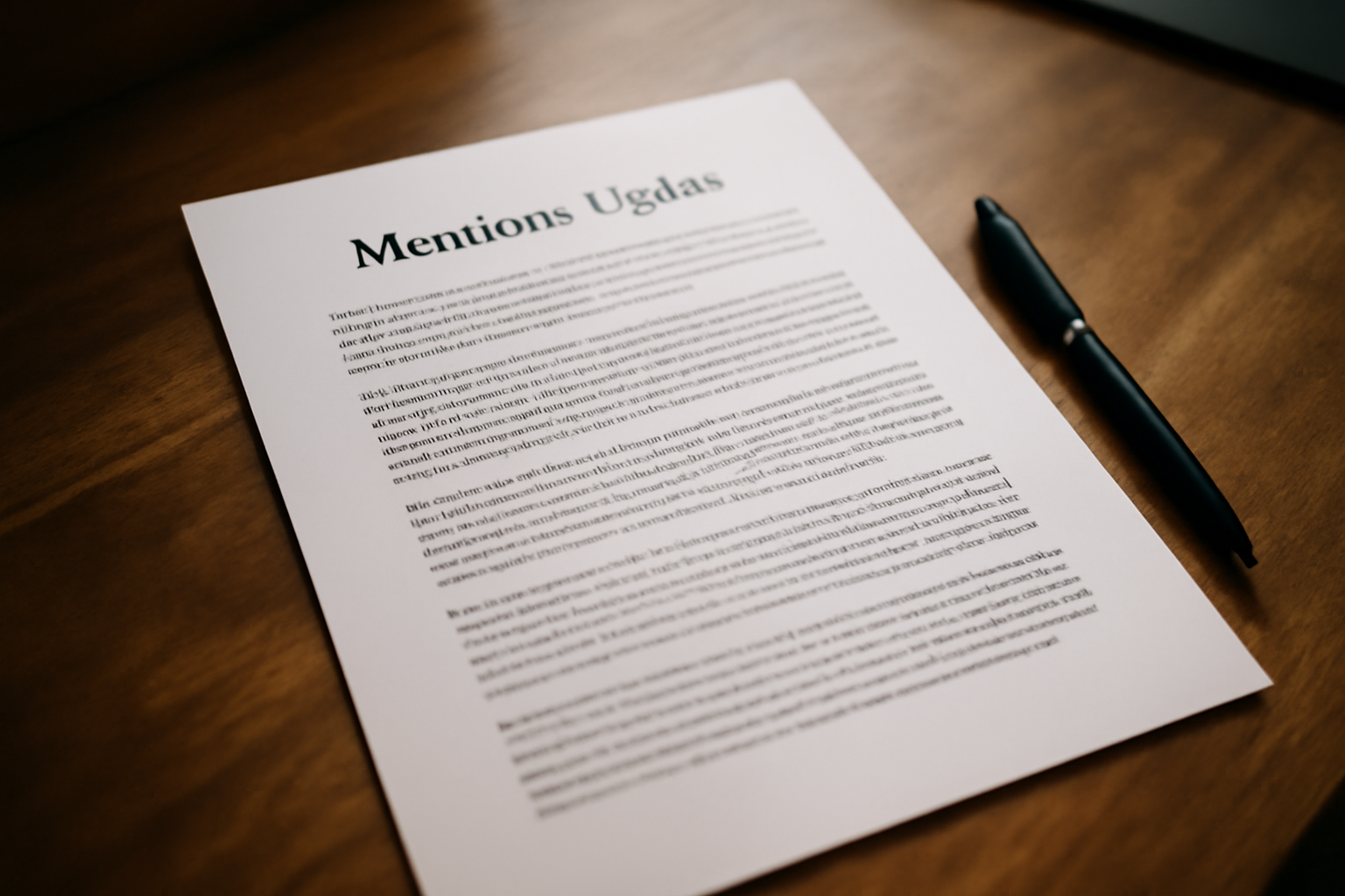 Document imprimé de mentions légales posé sur un bureau avec stylo, photo réaliste