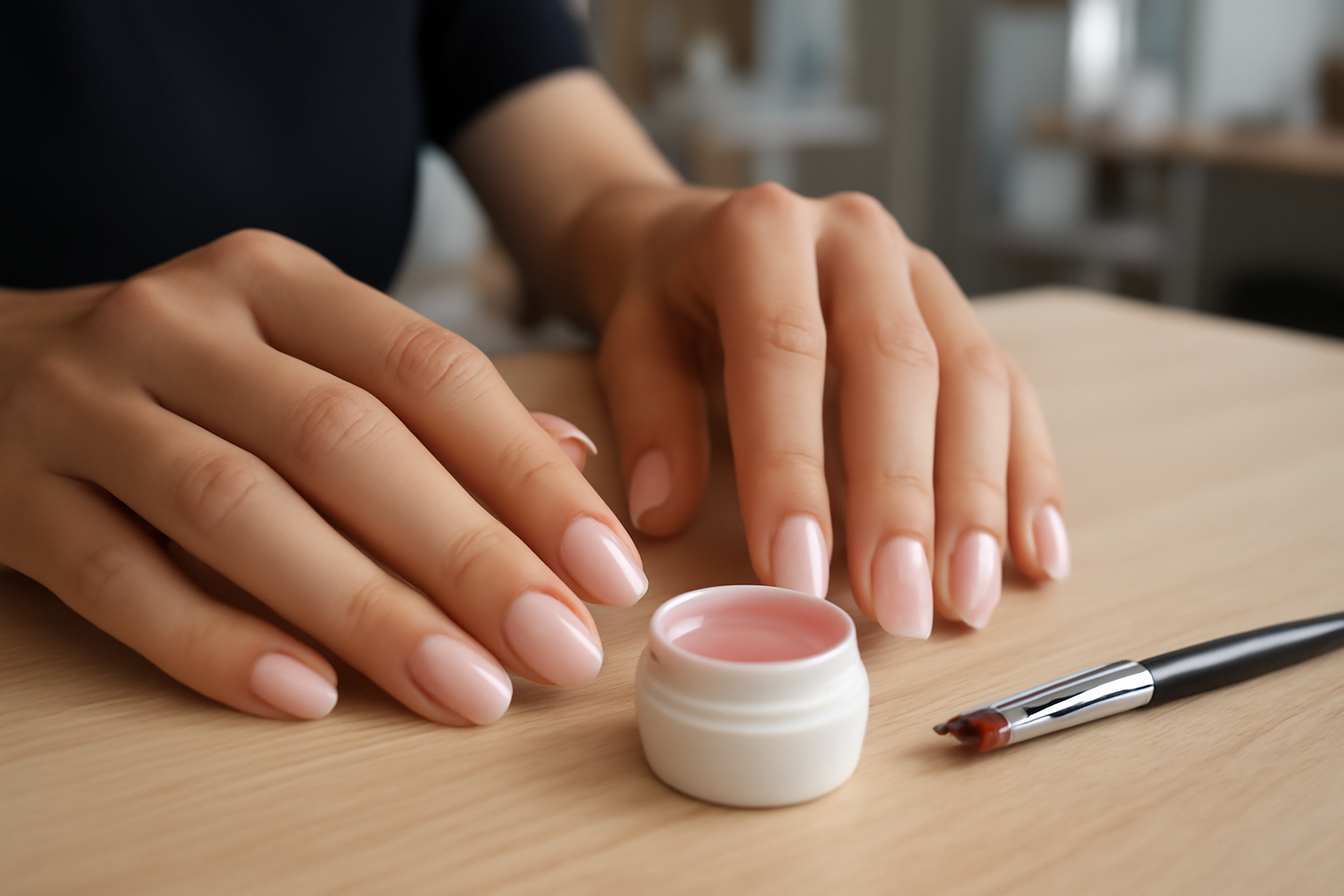 nail babyboomer dégradé rose nude et blanc sur ongles courts, lumière naturelle