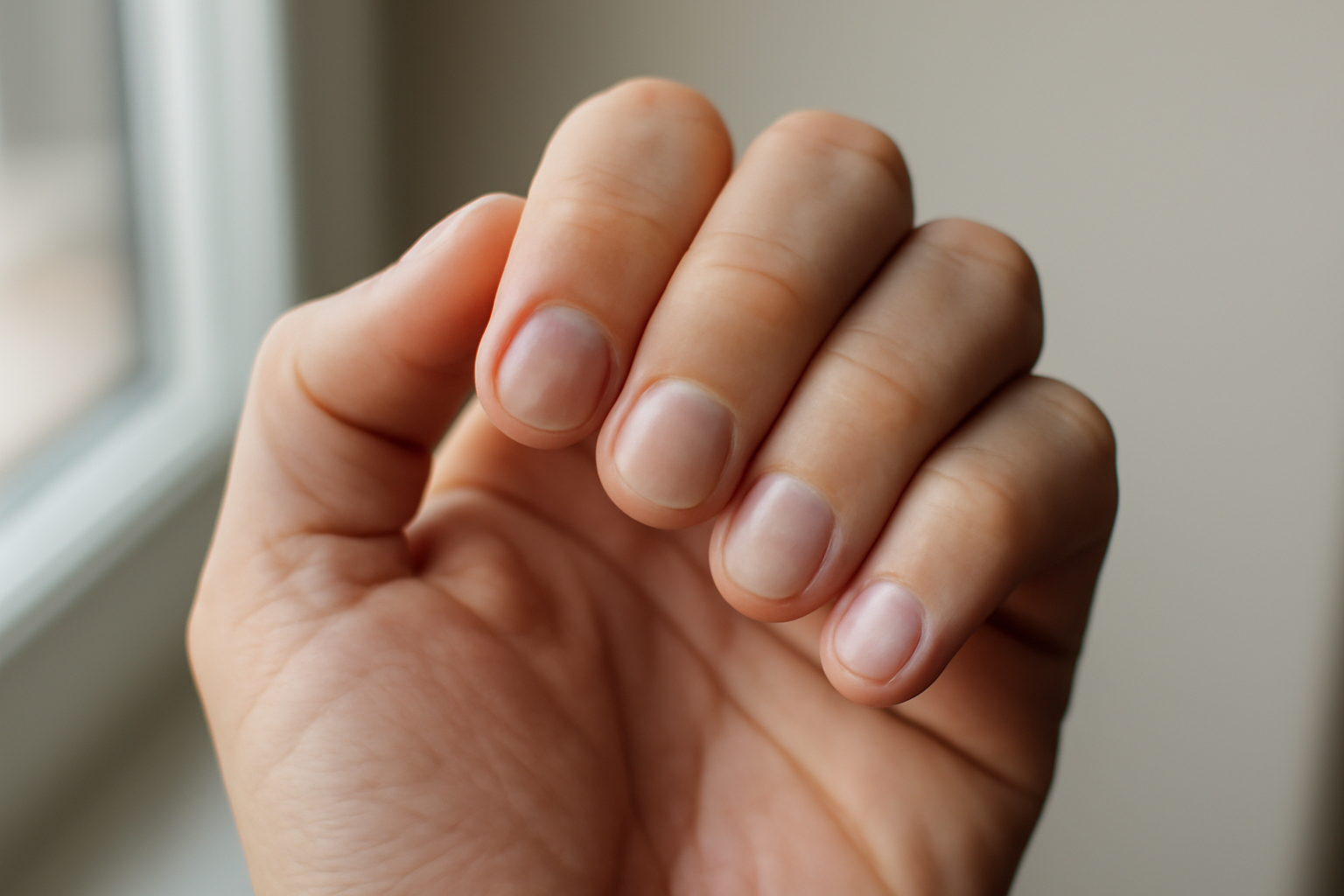 ongles blancs et taches blanches sur une main en gros plan, lumière naturelle