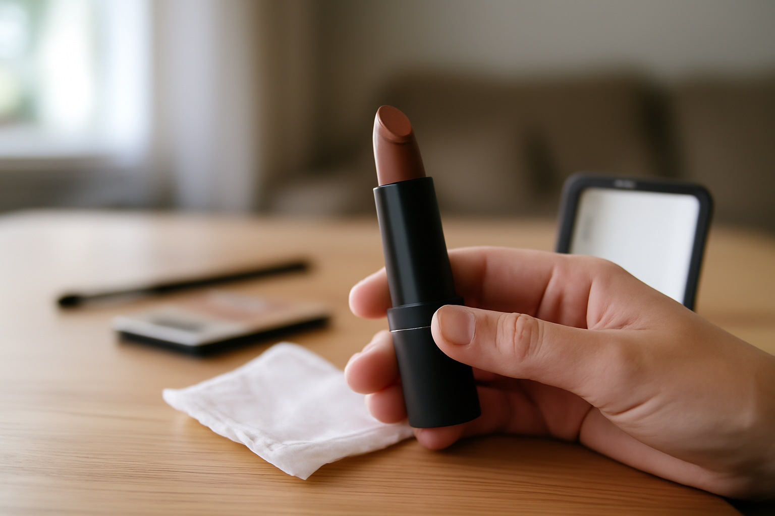 rouge à lèvre marron sur fond maquillage, teintes chocolat et prunées