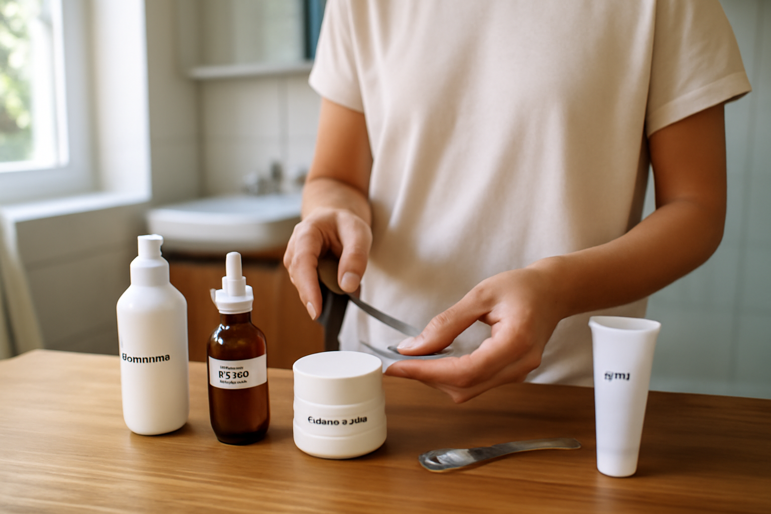 Routine visage : flacons et textures posés sur une table de salle de bain, peau réaliste et lumière naturelle