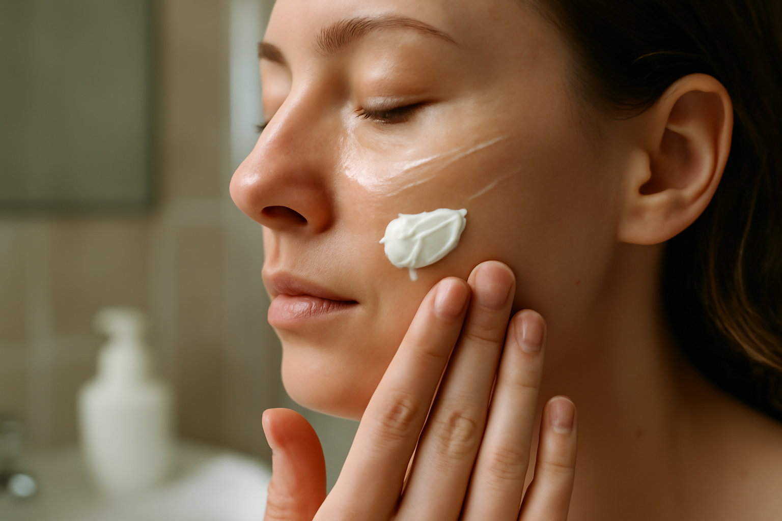 Texture crème hydratante et sérum sur peau réelle, test de routine visage en lumière naturelle