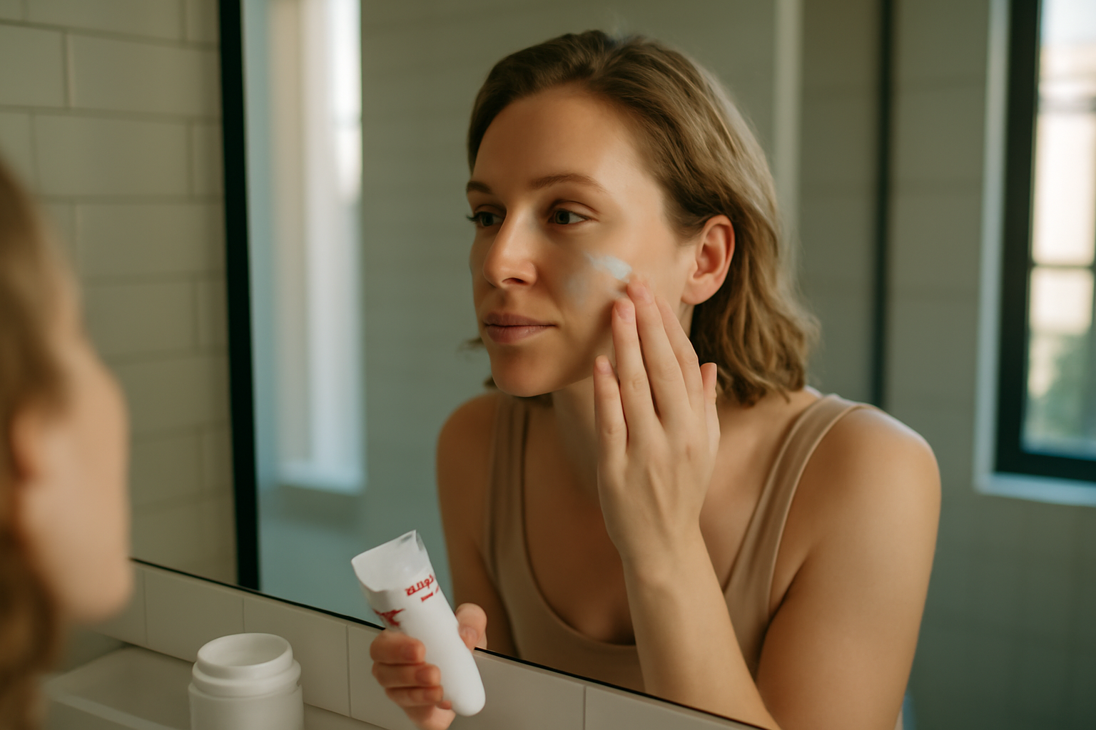 Application d’un SPF sur le visage avant de sortir, routine anti-taches et anti-âge