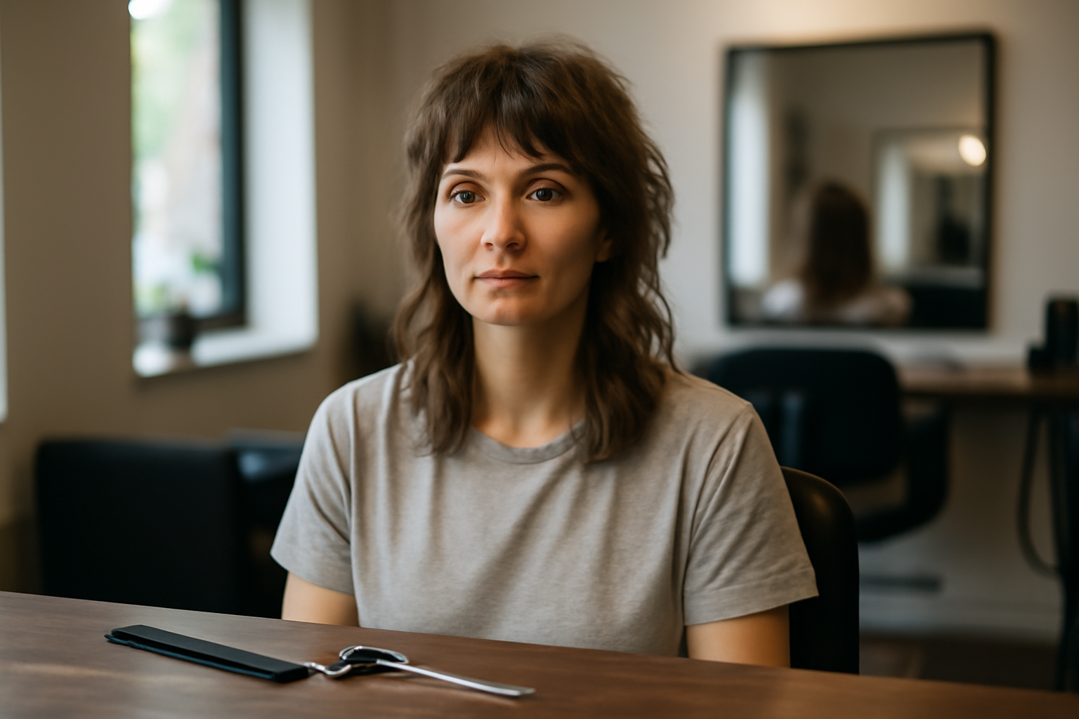 shaggy haircut en mi-long sur cheveux bruns ondulés, lumière naturelle, salon de coiffure