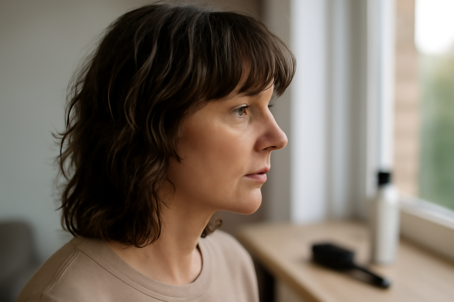 shaggy haircut avec dégradé encadrant le visage, lumière naturelle, vue de profil
