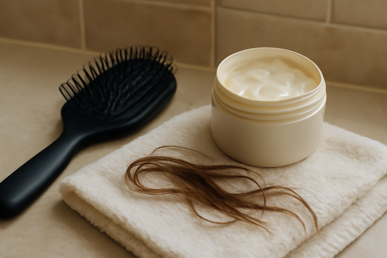 Cheveux secs et ternes avant soin, puis brosse et masque capillaire sur une table de salle de bain