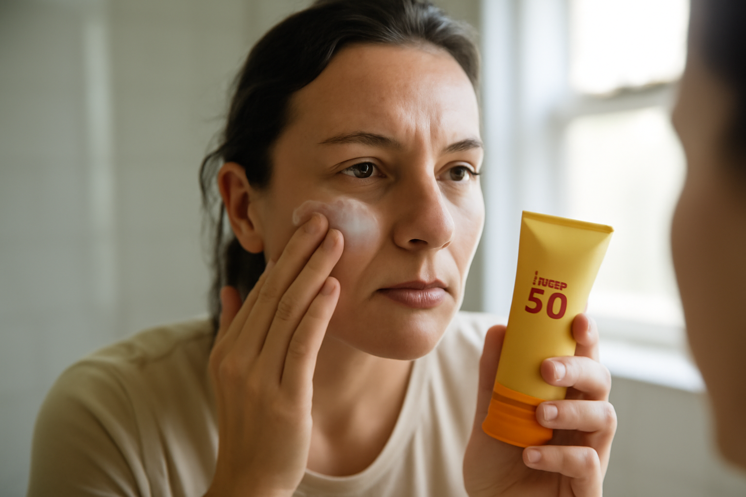 Application d’une crème solaire SPF50 sur le visage par une personne dans une salle de bain lumineuse, texture crème blanche et geste régulier