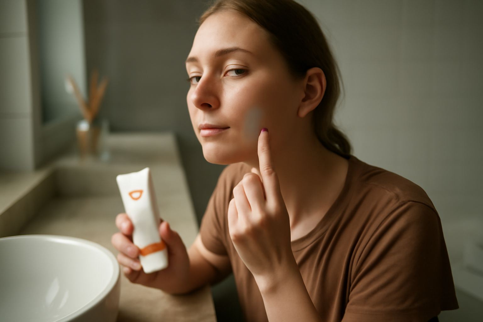 Test sur une zone réduite : application de crème solaire sur une mâchoire et comparaison de la texture après quelques minutes