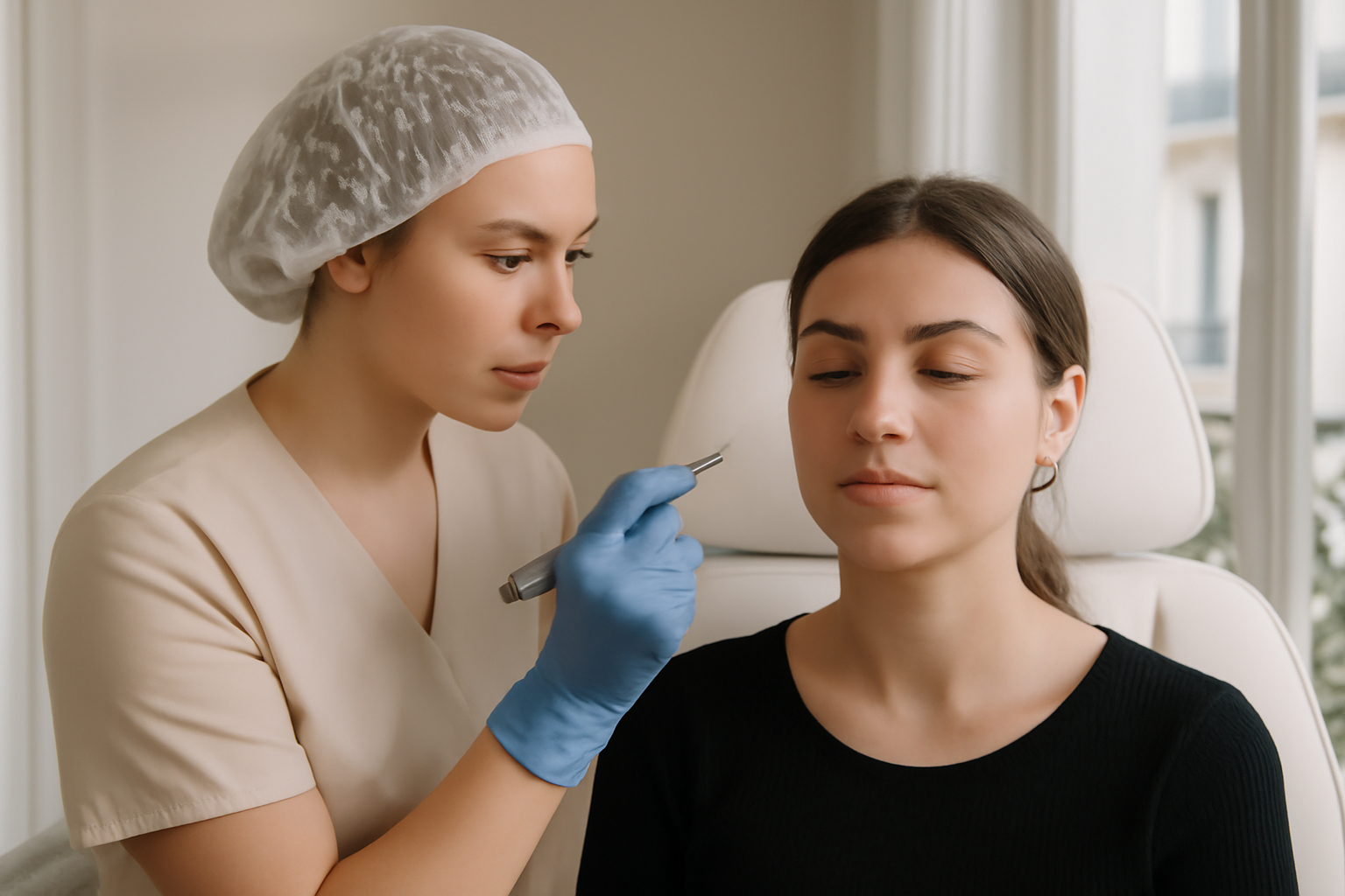 sourcils microblading : photo réaliste d’une cliente pendant la séance de dermopigmentation au niveau des sourcils, lumière naturelle, cabine esthétique, praticien portant des gants