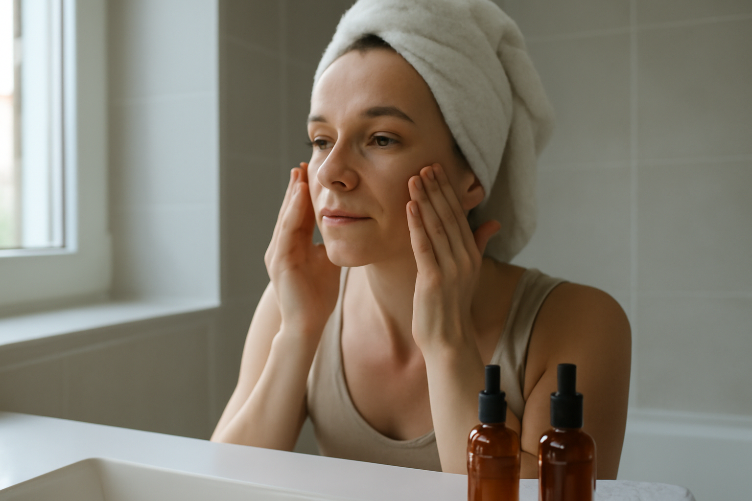 2 serums superposés sur peau propre, textures sérum et routine visage, lumière naturelle