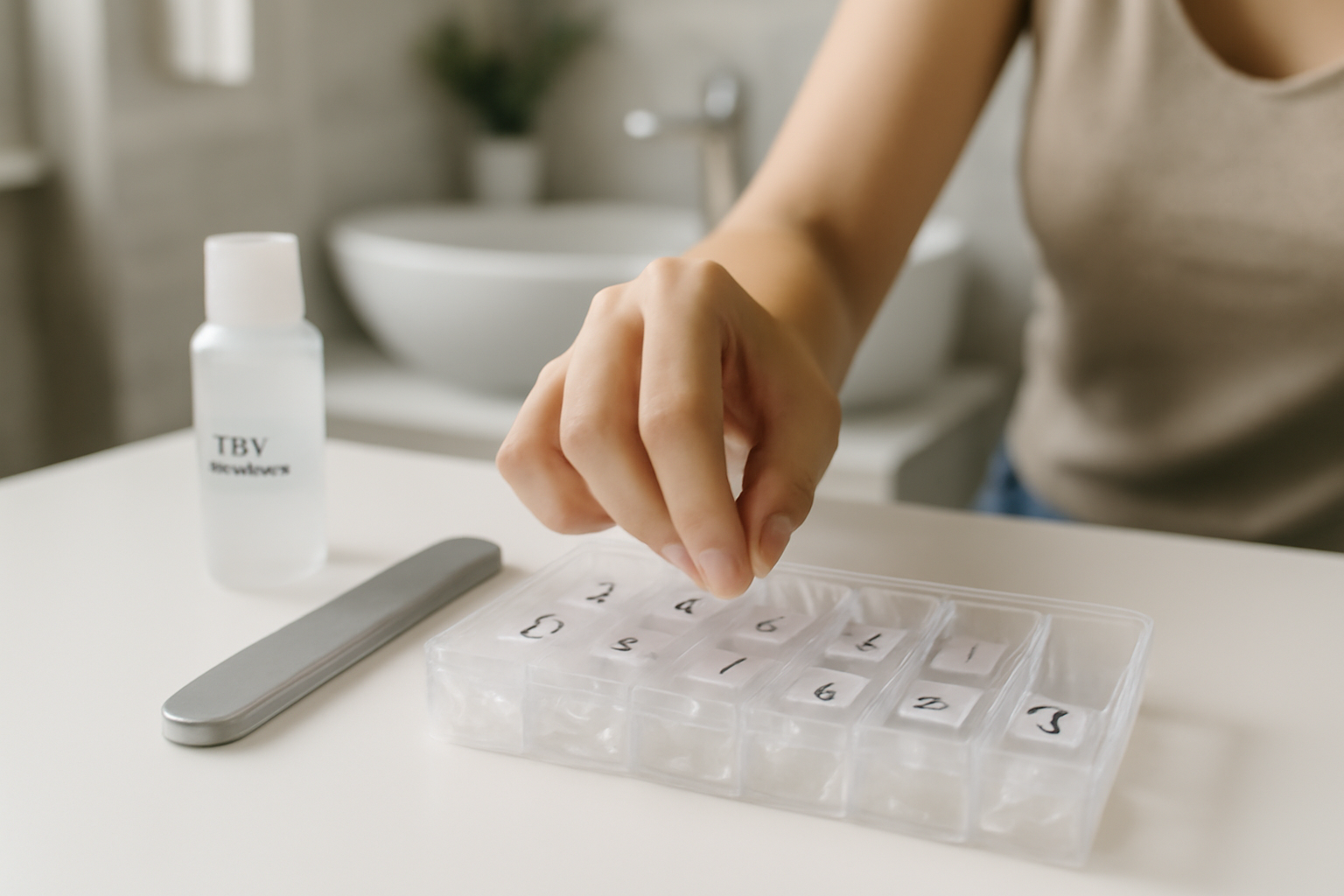 capsule pour faux ongles en kit, tailles prêtes à poser sur plan de travail lumineux