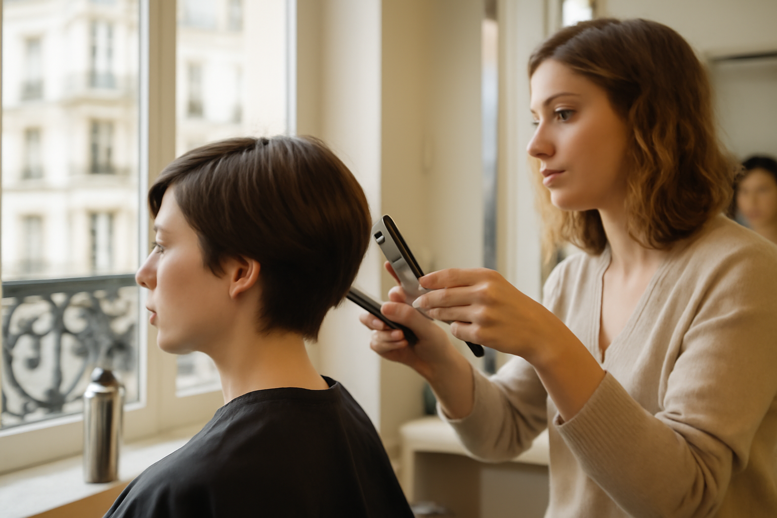 Carré court dégradé effilé sur cheveux châtain foncé, profil et nuque nets, lumière naturelle