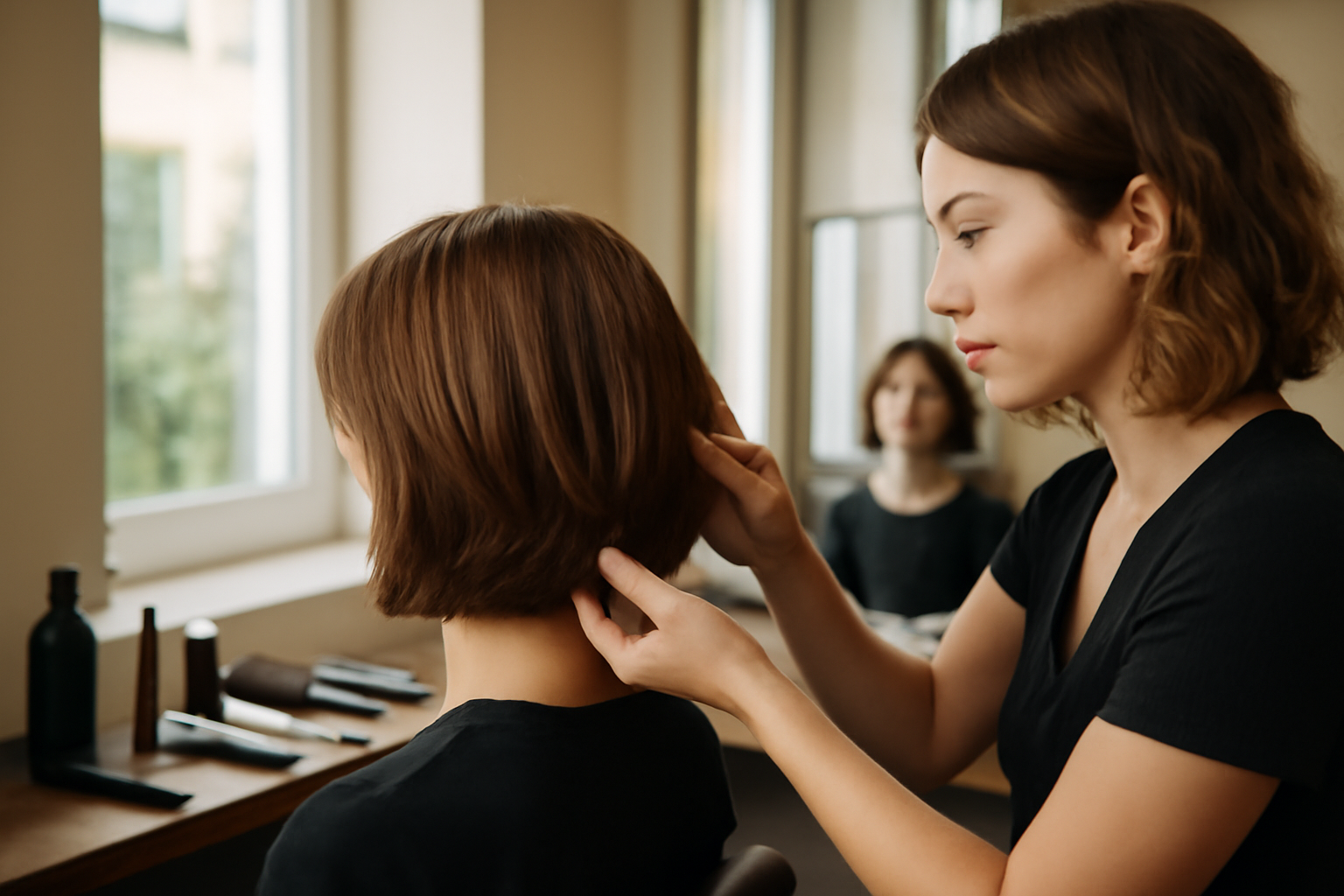 Carré dégradé femme mi-long avec mèches encadrantes et frange rideau, lumière naturelle en salon