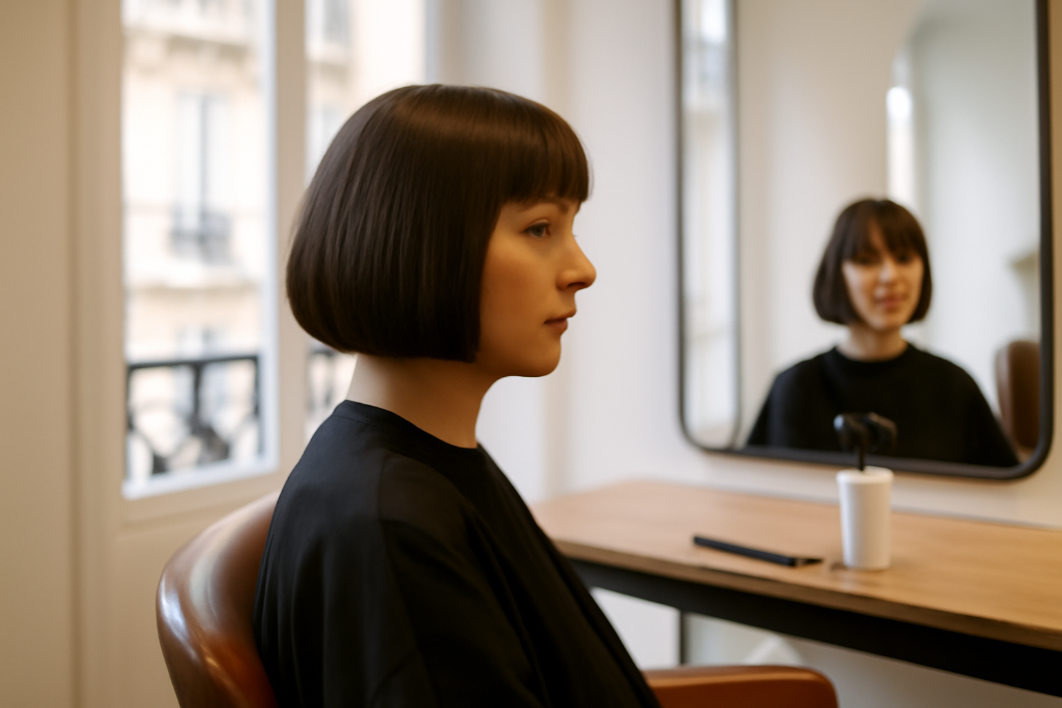 Carré droit court sur cheveux lisses, raie légèrement décalée et frange naturelle, éclairage doux en salon de coiffure