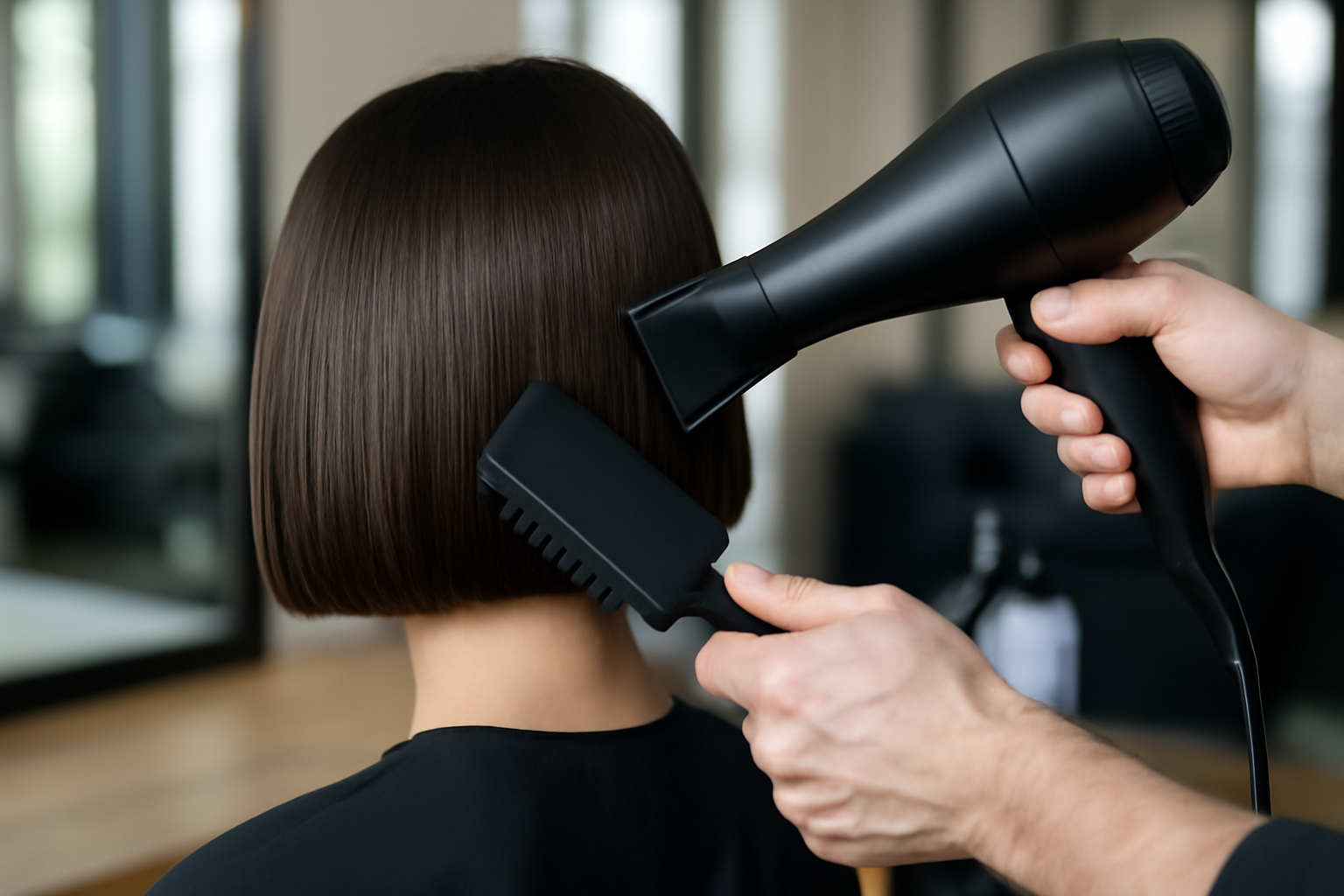 Brushing rapide sur carré droit court, brosse plate et spray protecteur thermique, lumière naturelle dans une salle de coiffure