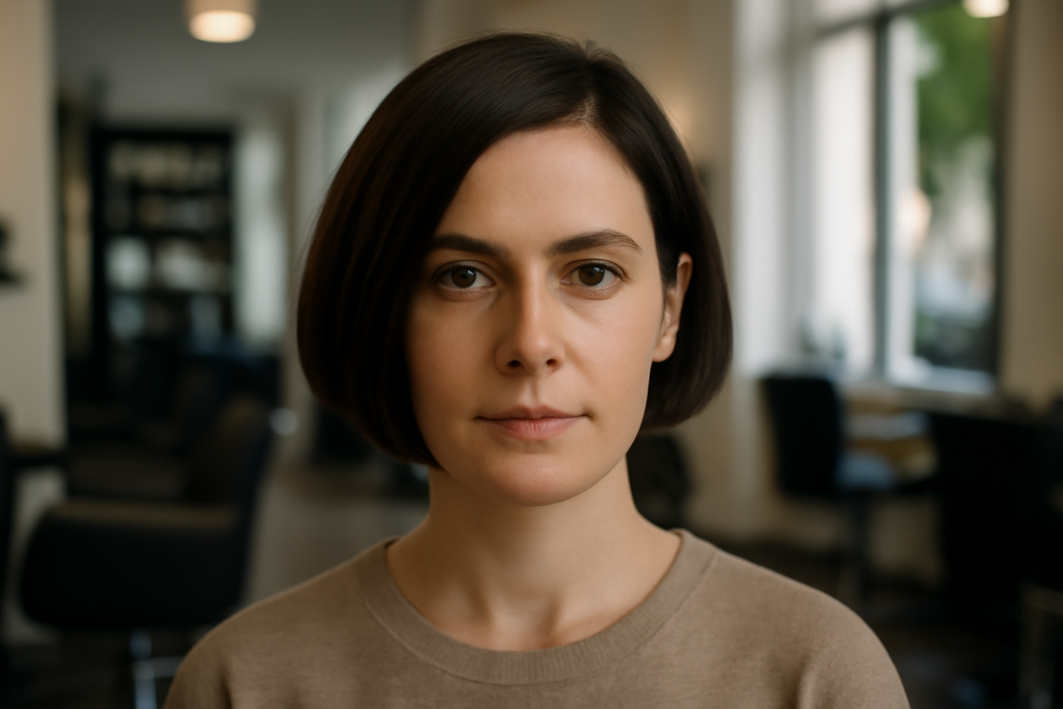 Carré très court : coupe courte féminine et style net, vue de face en lumière naturelle