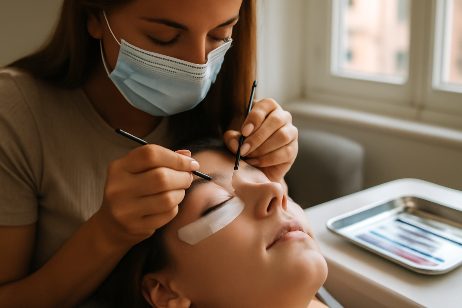 cils à cils effet naturel sur une cliente en institut, lumière naturelle, plan rapproché