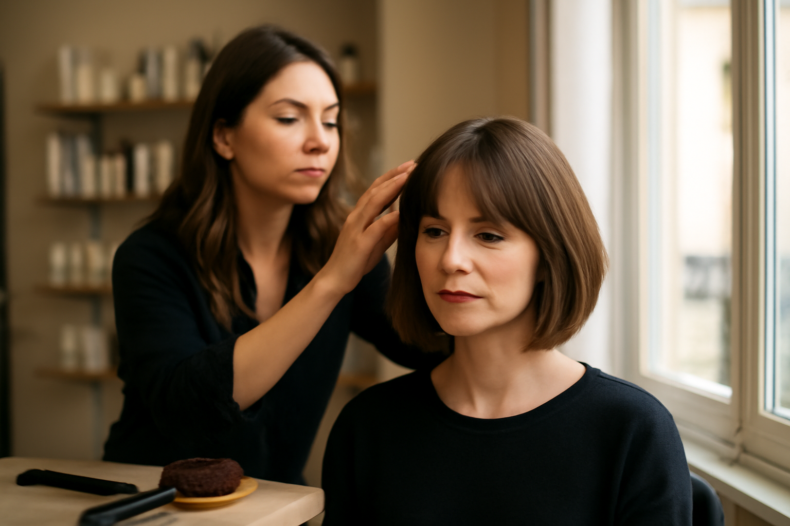 Coiffure carre avec frange rideau, cheveux lisses mi-long en salon de coiffure